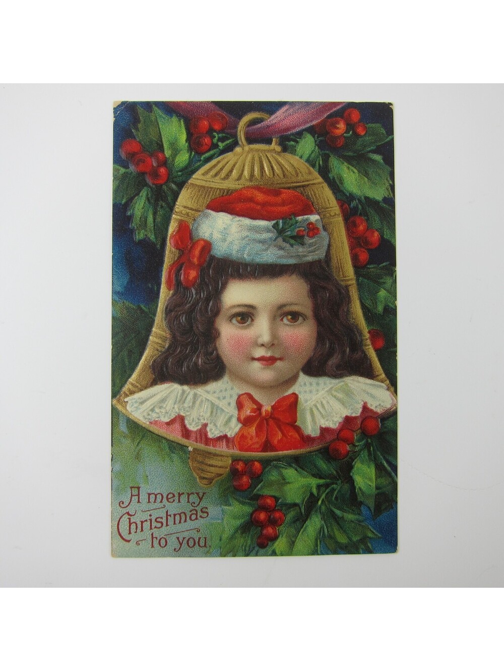 Christmas Postcard Girl Child Santa Hat Holly Berries Bell Gold Embossed Antique